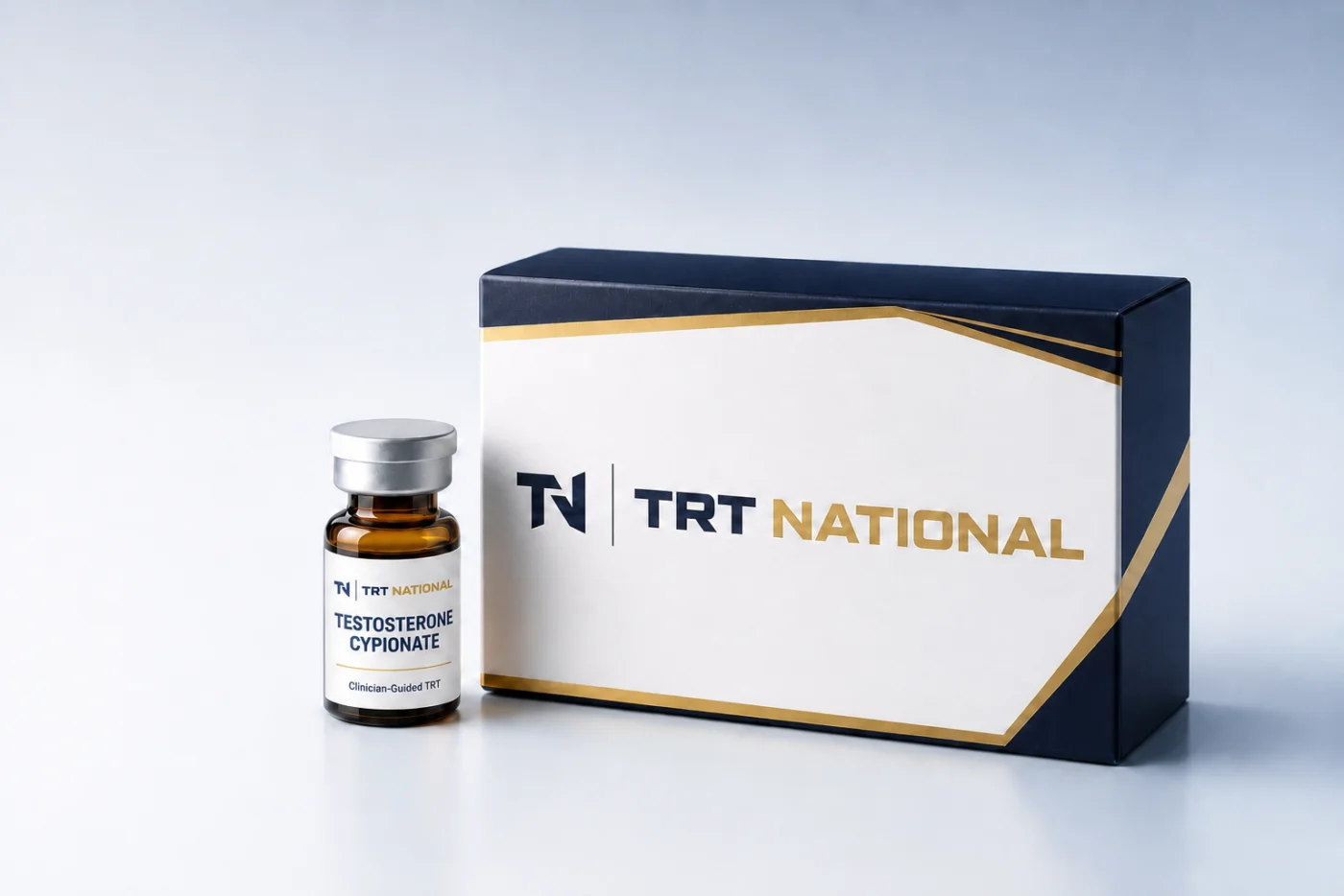 TRT National branded care kit and unlabeled vial in a clean clinical setting