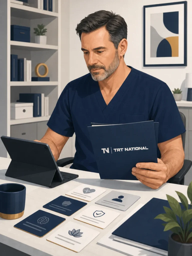 Male clinician holding a TRT National clinical resources folder