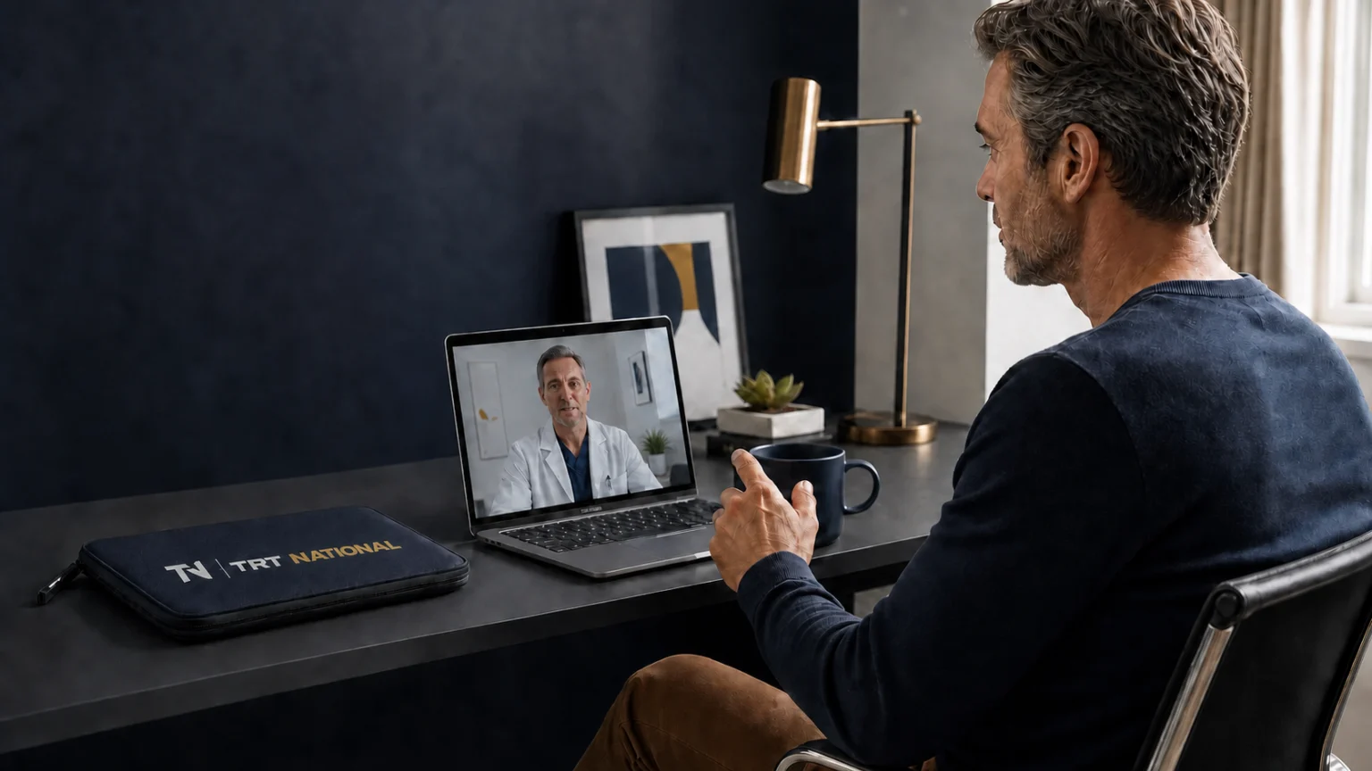 Adult male patient speaking with a clinician during a private telemedicine visit