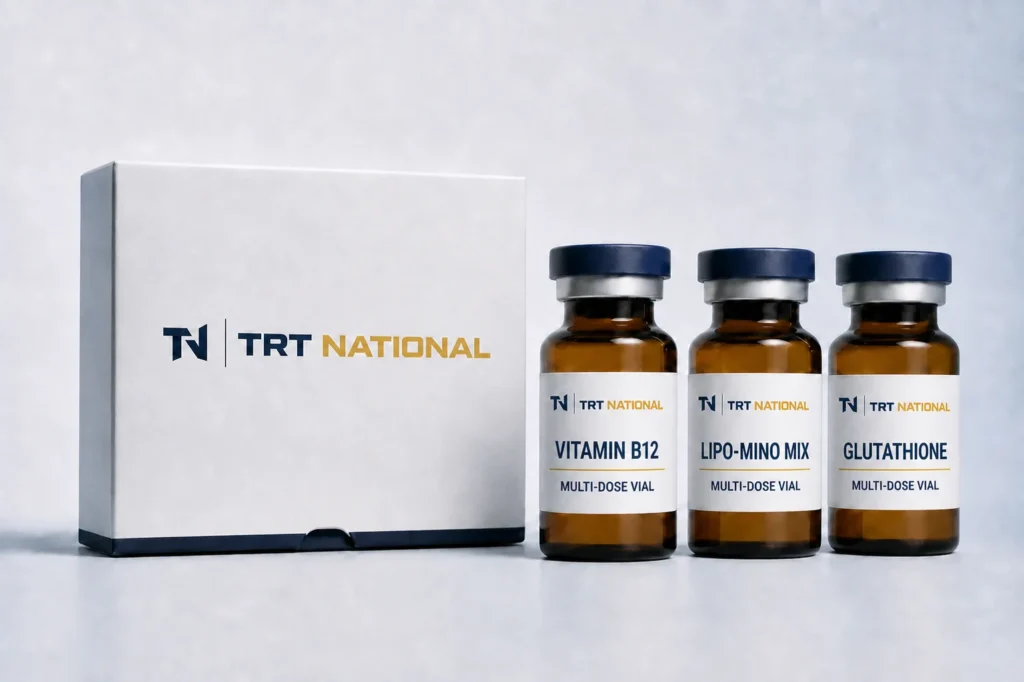 TRT National branded care box with Vitamin B12, Lipo-Mino Mix, and Glutathione multi-dose vials