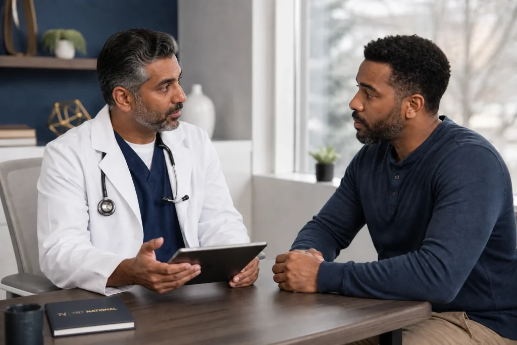 Licensed physician discussing symptoms and medical history with an adult male patient