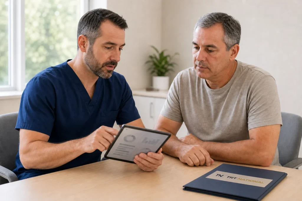 Licensed clinician reviewing medication risks with a male weight-management patient.