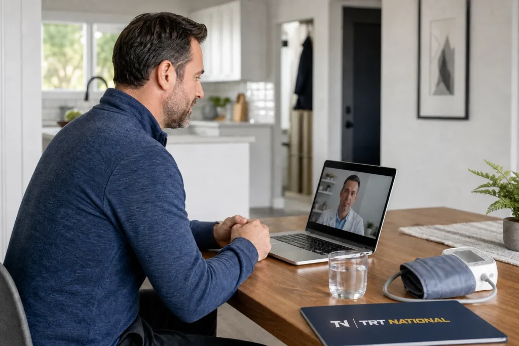 Adult male patient completing a clinician-guided telemedicine follow-up from home