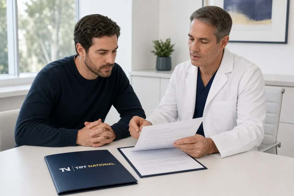 Licensed clinician reviewing consent and privacy documents with an adult male patient