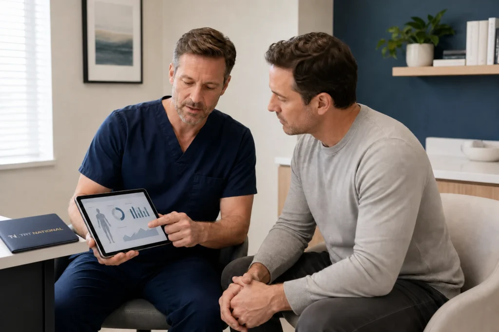 Licensed clinician reviewing body-composition measurements with a male patient.