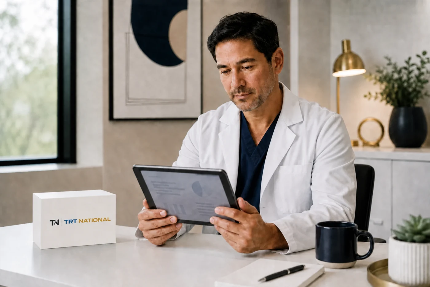 Licensed clinician reviewing privacy-safe laboratory information beside a TRT National care kit