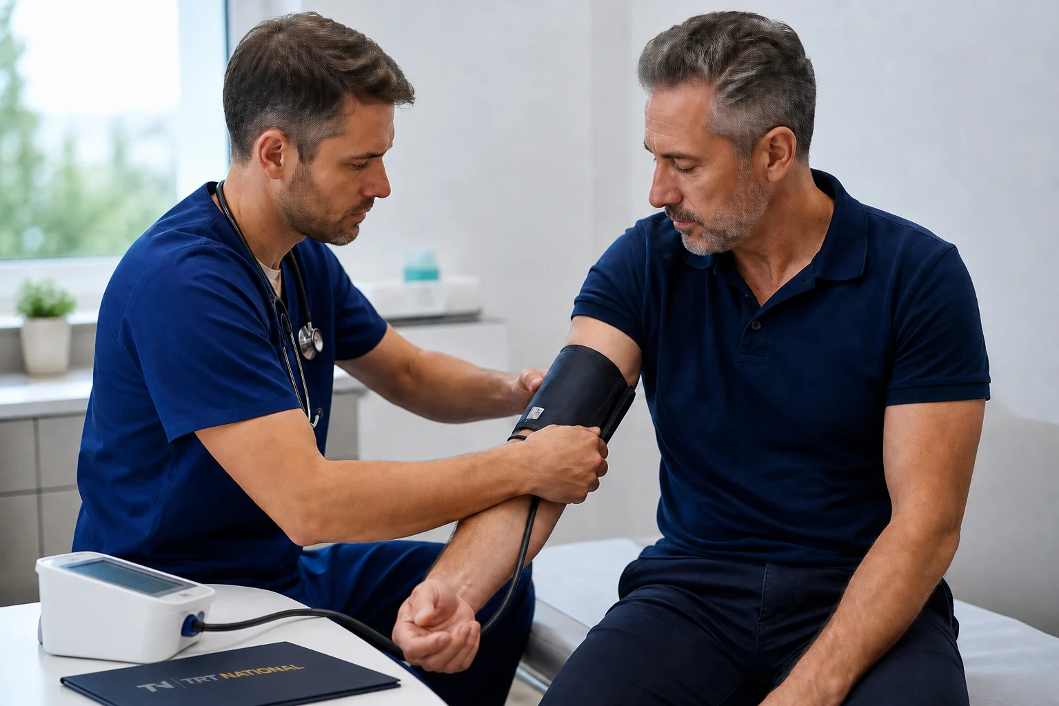 Clinician checking an adult male patient’s blood pressure during follow-up monitoring