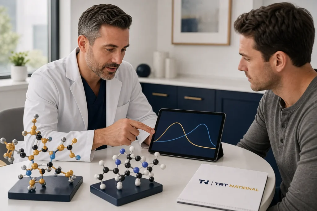 Licensed clinician explaining complementary peptide pathways with molecular models beside a TRT National notebook