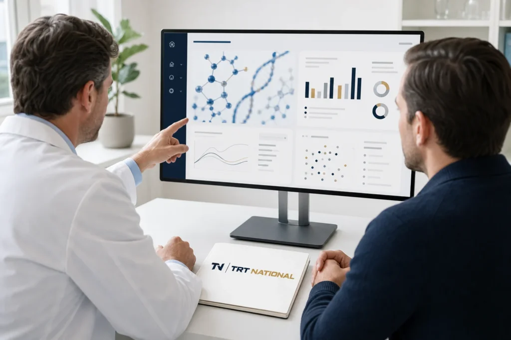 Licensed clinician and adult male patient reviewing peptide evidence and monitoring information