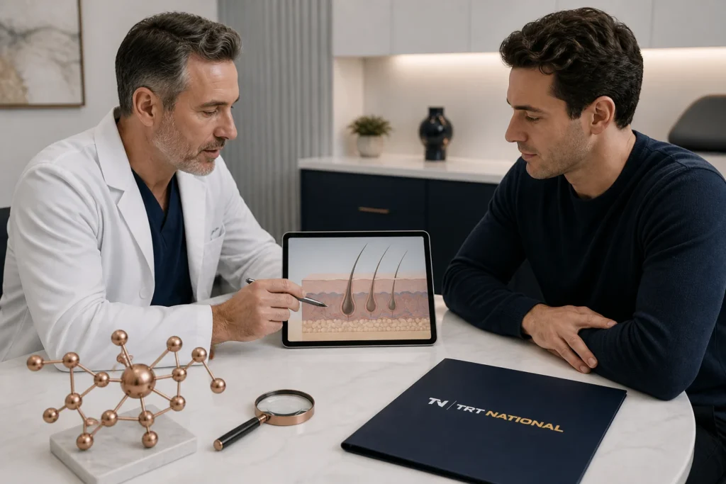Licensed clinician reviewing neutral skin and hair education with a copper molecular model beside a TRT National folder