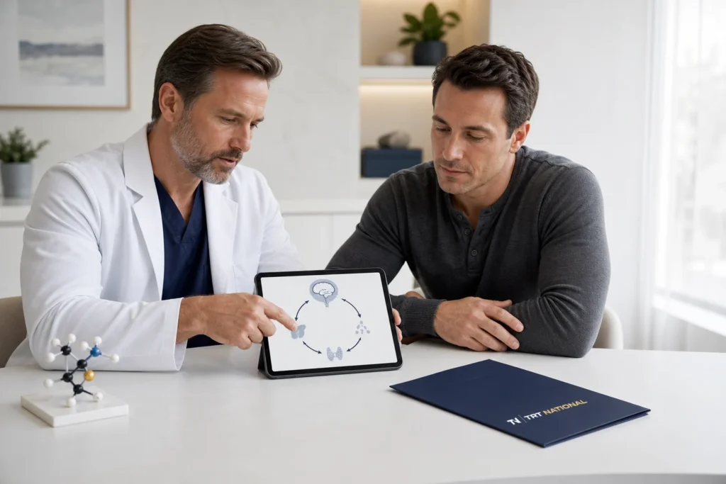 Licensed clinician explaining a neutral hormone-pathway diagram for Sermorelin education beside a TRT National folder