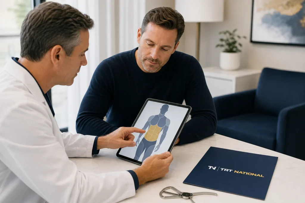 Licensed clinician reviewing a neutral body-composition diagram for Tesamorelin education beside a TRT National folder