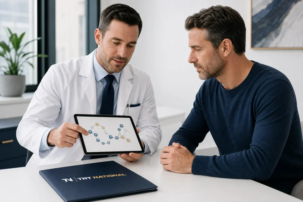 Licensed clinician explaining peptide therapy concepts to an adult male patient with TRT National branding