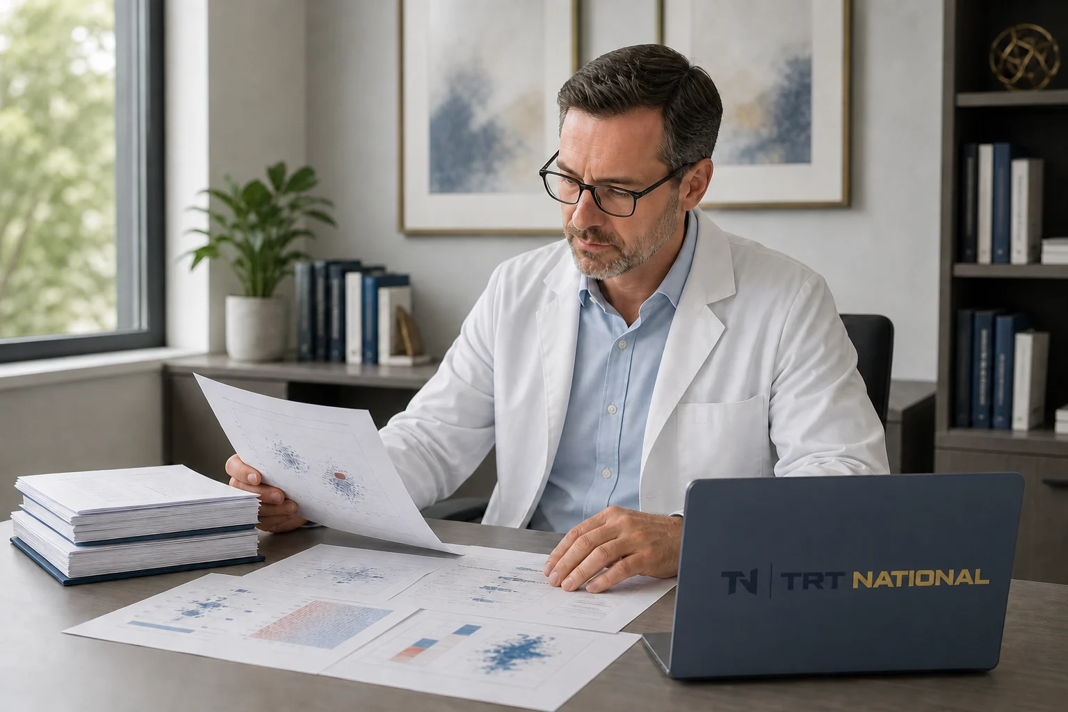 Clinician reviewing TRT guidelines and anonymized biomarker research.