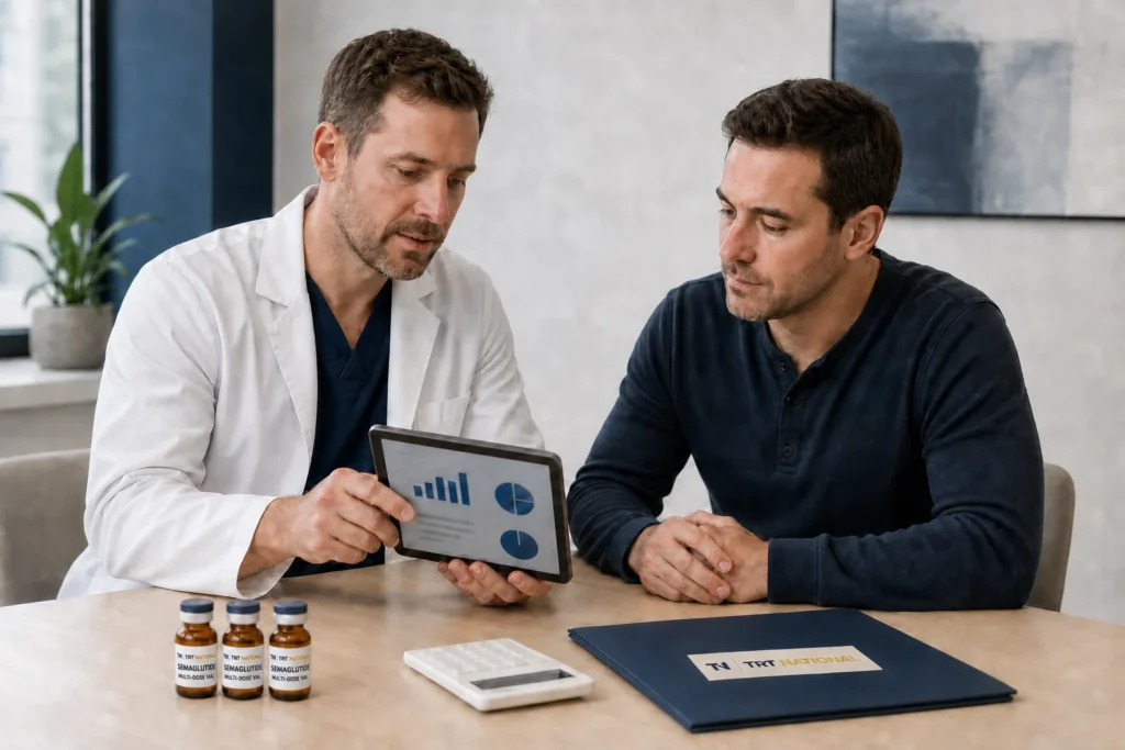 Clinician helping a patient compare Semaglutide vial quantities; every vial is labeled Semaglutide Multi-Dose Vial
