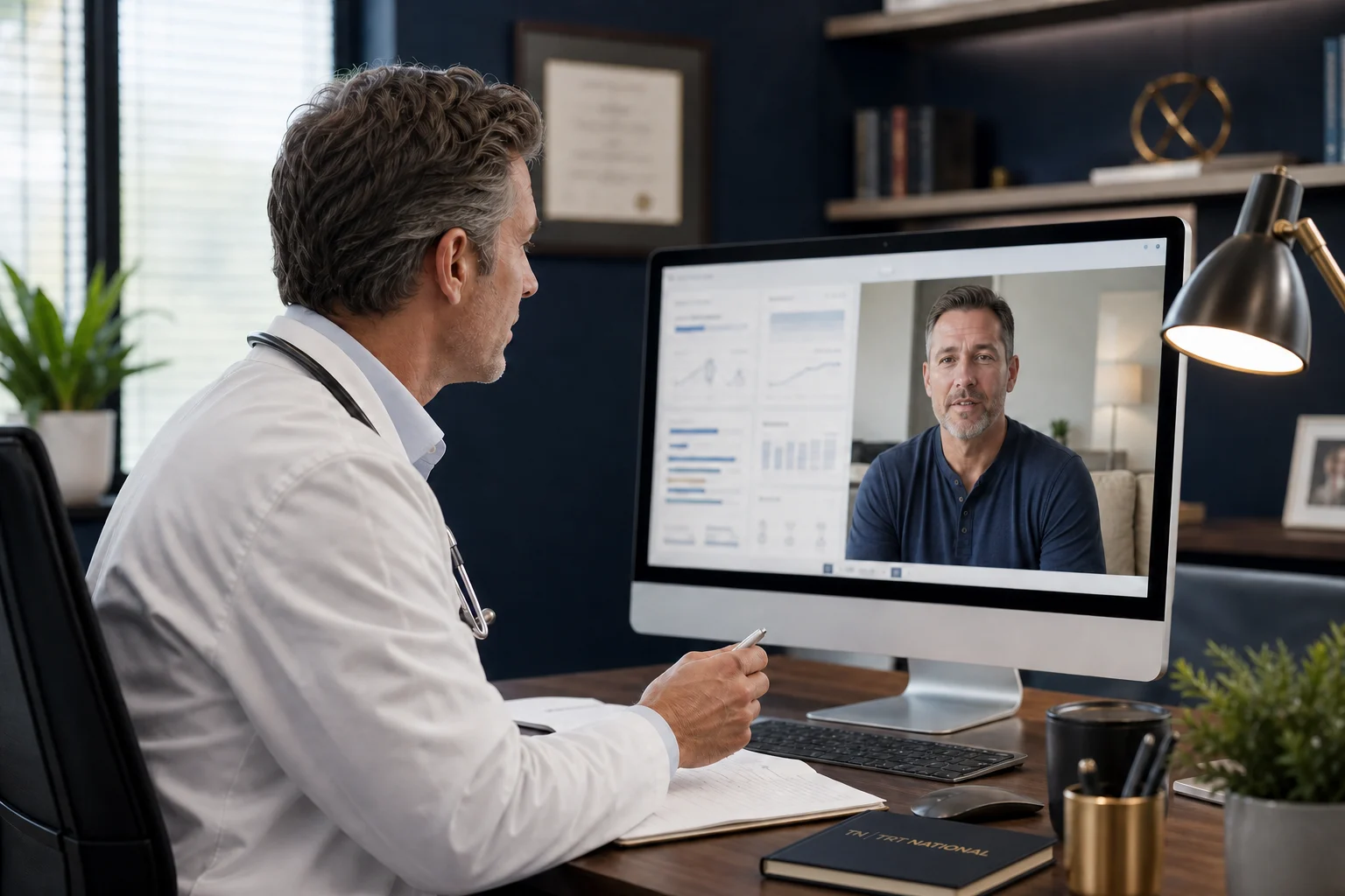 Licensed physician reviewing monitoring information during a telemedicine follow-up