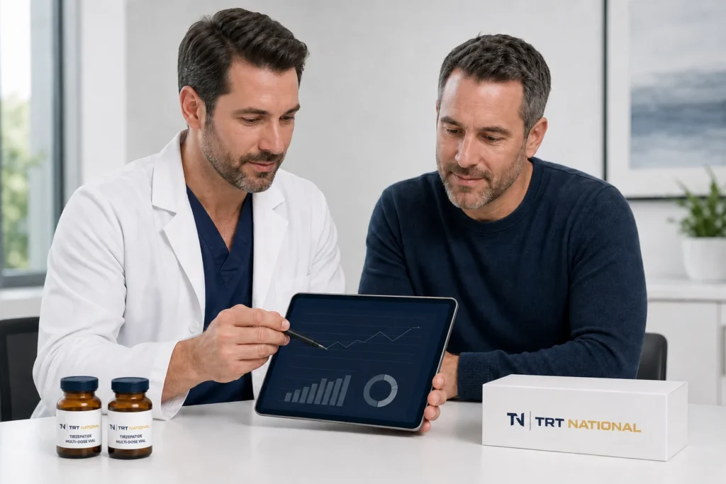 Clinician helping a patient compare Tirzepatide program options and vial quantities